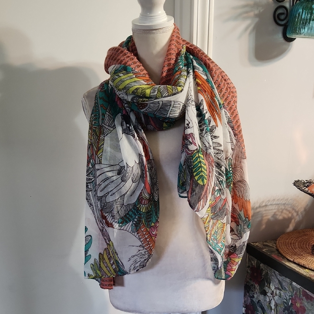 Large Bird And Fish Colorful Patterned Scarf - Picture 2 of 8